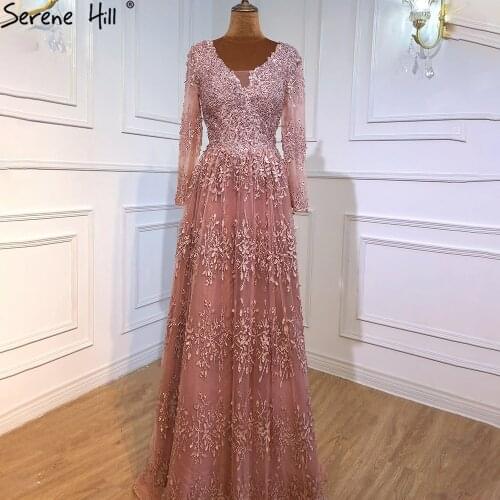 Pink Long Sleeves Evening Gowns Party 2020 Dubai Beading V-Neck A-Line Formal Dress for Women Party Design BLA70729 Serene Hill