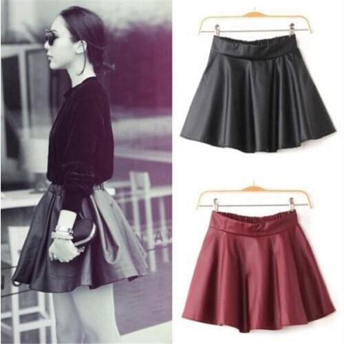 2017 Solid Red Plus Leather Size Sexy Skirt Women Thick Tutu Skirts High Waist Flared Super Dance Mini Skater Super Short Skirt