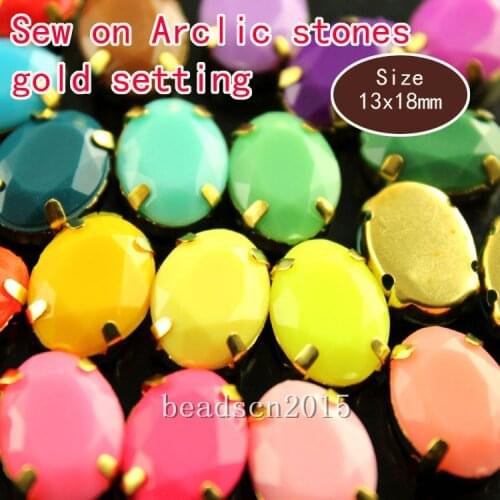20p 13x18mm oval Candy color acrylic sew on crystal rhinestone jewels stone gold plated button Hole beads shoes bag clothes trim