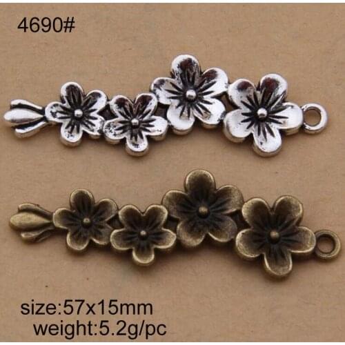 25pcs/lot 57x15mm Two Plating Color Available Zinc Alloy Flower DIY Charms Pendants