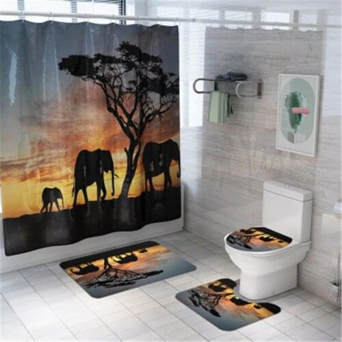 4Pcs/set Bathroom Mat Set Non-slip Digita Print Elephant Bath Mat Coral Fleece Shower Curtain Floor Mat Washable Toilet Rug
