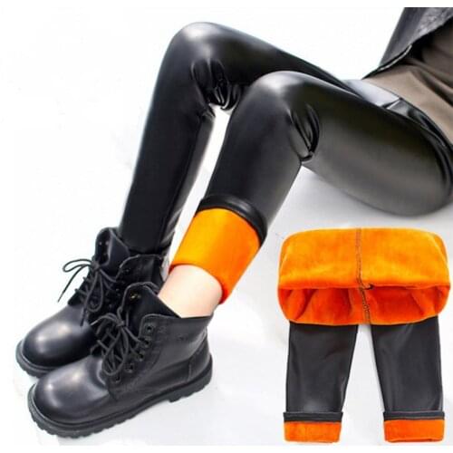 Children Leggings Faux PU Leather For Girls Side Stripe Golden Velvet Warm Pencil Pants 2-12T Kids Clothing Sport Trousers