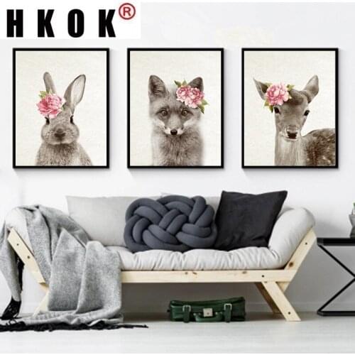 HKOK Canvas Painting Flowers Fox Fawn Rabbit Wall Art Picture Woodland Animal Poster Print Minimalist Kids Baby Room Decor