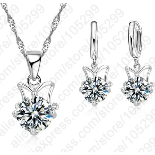 Trendy Free Shipping Wedding Jewelry Set 925 Sterling Silver Pendant Necklace/Earring CZ Sets