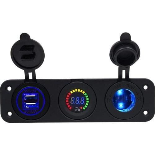 Motorcycle 4.2a USB Charger LED Colorful Voltmeter 12V/24V Cigarette Lighter Socket 3 Hole Panel for Car Boat Marine RV Truck