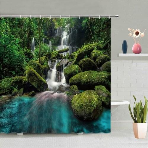 Natural Scenery Shower Curtains Waterfall Green Plants Forest Snow Mountain Landscape Bathroom Decor Screen Washable With Hooks