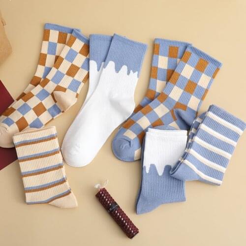 Happy Socks Womens Cotton Plaid Striped Blue Socks Japanese Crew Socks Couples Christmas Socks Harajuku Funny High Quality Hot