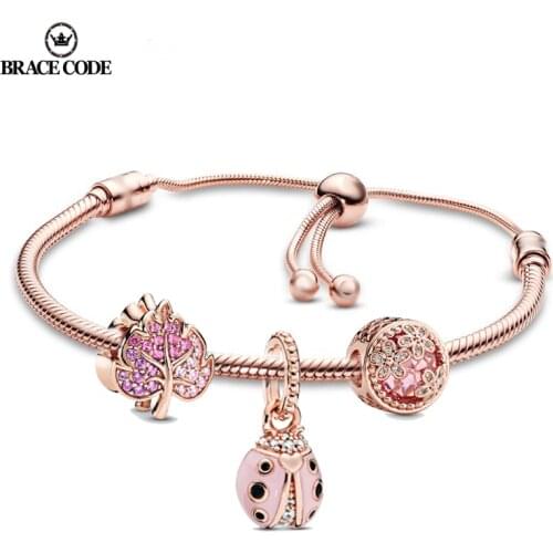 New Rose Gold Eternal Heart Adjustable Bracelet Fashion Elegant Bracelet Women,Brand Bracelet Gifts With Pink Ladybug Pendant