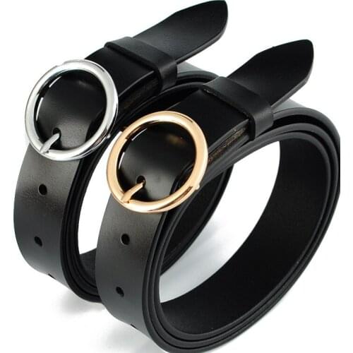 Black Genuine Leather Belts For Women Silver Pin Buckle Belt Thin Soft Cowskin Jeans Students Gold Round Buckles Waistbands Gift