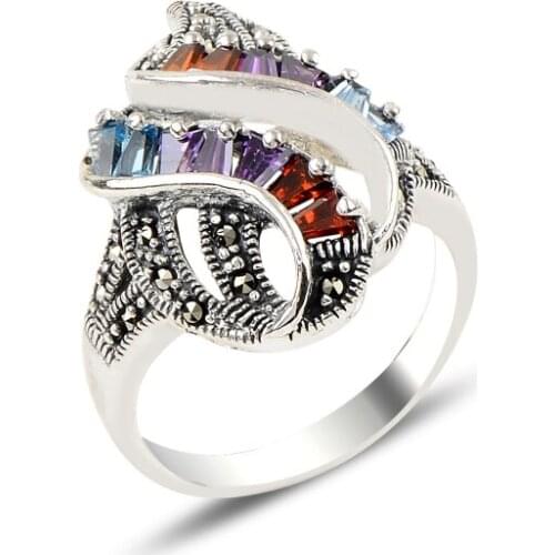 Silver 925 Sterling Marcasite & Baguette cut Zircon Stone Ring