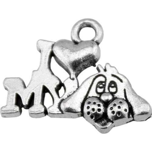 WYSIWYG 10pcs 17mm Antique Silver Color Antique Bronze I Love My Dog Pendant I Heart My Dog Pendant Pendants I Love My Dog Charm