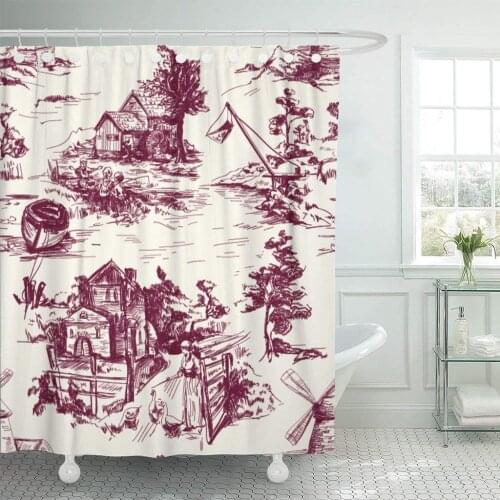 Classic Pattern Old Town Village Scenes of Fishing Shower Curtain Waterproof Polyester Fabric 60 x 72 Inches Set with Hooks