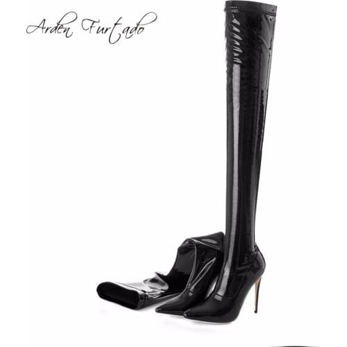 Arden Furtado paint leather fashion high heels 12cm over the knee boots shoes woman pointed toe stilettos thigh Stretch boots