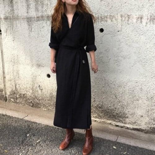 Women Autumn Long Solid Black V Neck Dress Ladies A- Line Vestidos with Belt Pockets Plus Size Slim Robe Femme Sukienki Jurken