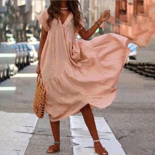 Women Casual Summer Dress Plus Size V-Neck Short Sleeve Loose A-Line Maxi Dresses 2021 Fashion Ruffles Woman Dress Long Robe 5XL