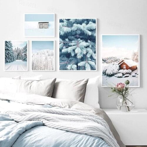 Winter Snow Forest Plant Animal Landscape Canvas Painting Nordic Cow Wooden House Posters and Prints Wall Pictures for Room