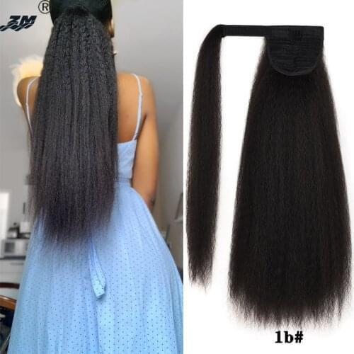ZM Long kinky straight Wrap Around Clip In Ponytail Hair Extension Heat Resistant Synthetic Natural Pony Tail Fake Hair