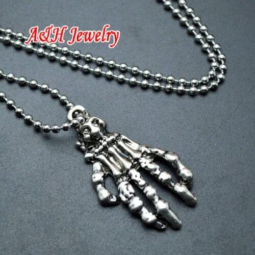 10pcs Fashion Punk Jewelry Special Hallowmas Gift Stainless Steel Skeleton Hand Pendant 20'' Bead Chain Necklace