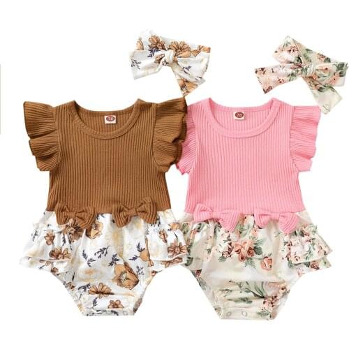 Baby Girls 2Pcs Summer Outfits, Ruffle Sleeve Rib Knit Patchwork Romper with Headband Set