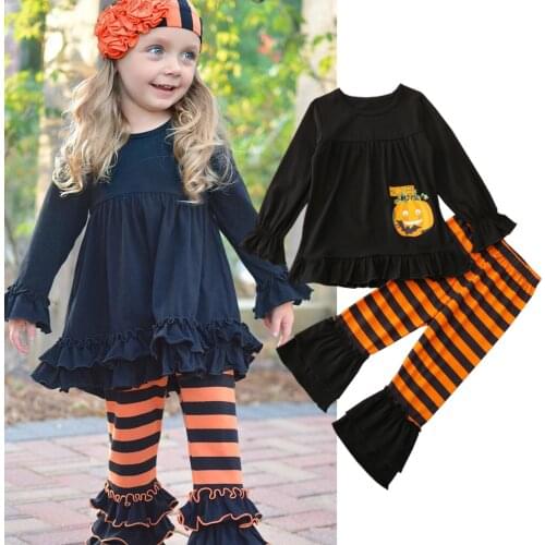 Baby Girls Cotton Pumpkin Letter Print Long Sleeve Round Neck Ruffle Pullover+Striped Pants 2 Pcs Halloween Outfits Black Orange