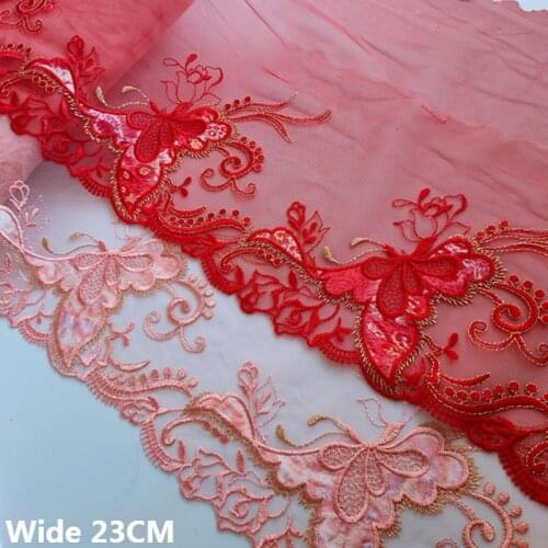 23CM Wide Luxury Red Pink Soft Mesh Exquisite Flying Butterfly Embroidery Ribbon Women Wedding Dress Head Veil DIY Sewing Decor