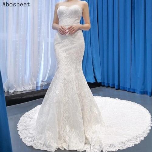 DD JYOY White Lace Mermaid Wedding Dress Pearls Beads Belt Long Train Elegant Sweetheart Sheer Neck Lace Up Back 100% Real Image
