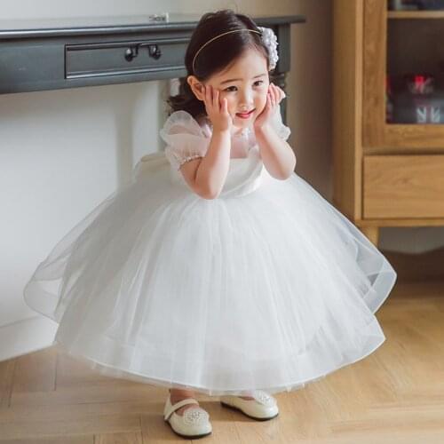 Beauty-Emily White Flower Girl Dresses Mid Length Short Sleeve Kids Dress For Wedding Princess Birthday Dresses Children Gowns