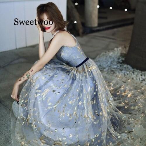 SWEETWOO 2020 High Quality Blue Gradient Mesh Dress Birthday Flower Dress sexy Party Dress Fairy Temperament Star Long Dresses