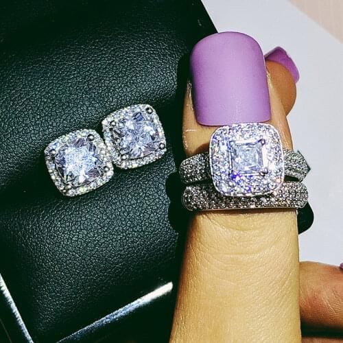 925 Sterling Silver Jewelry set halo Engagement ring round stud earring for Wedding Valentines Day gift Valentines Day J5562