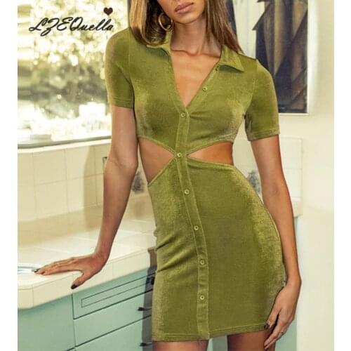 LZEQuella Summer Sexy Hollow Out Hip Button Midi Dress Women Femme Beach Slim Short Sleeve High Waist Mini Dresses NZ3645
