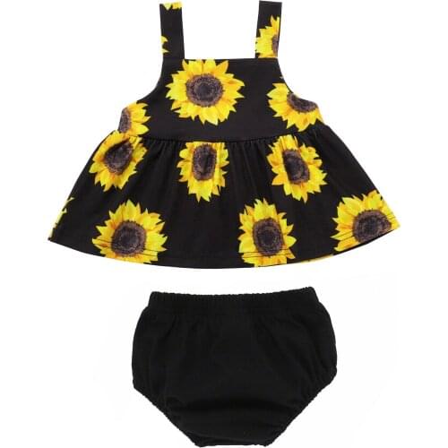 2Pcs Toddlers Summer Outfit, Sunflower Print Square Neck Tank Tops + Elastic Waist Shorts for Baby Girls, 0-24 Months