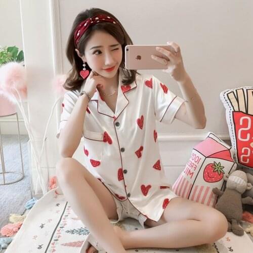 Summer new simulation silk cardigan Lapel short sleeve shorts summer home clothes set sweet printed silk pajamas for women