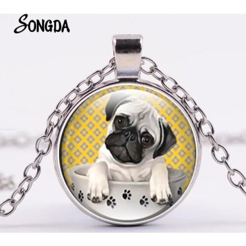 Cute Pug Dog Animal Necklace 4 Colors Long Chain Handmade Glass Cabochon Pendant Fashion Pet Photo Jewelry for Dog Lovers