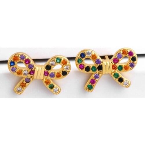 Bow multicolor Brass micro pave cz zircon cubic zirconia drop Hoop Earrings studs copper gold plated crystal ev34