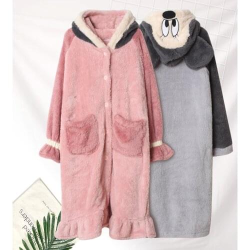 Winter new style hooded thick coral velvet couple cartoon rat nightgown nightdress mens home service loose plus size women