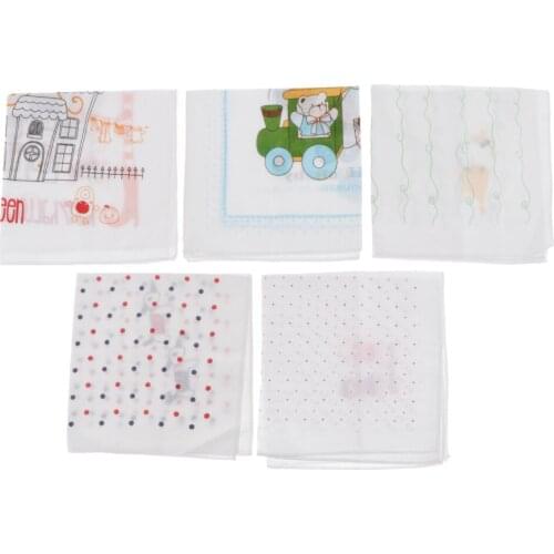 5pc Kids Cute Cartoon Handkerchiefs Baby Boys Hanky Soft Kerchiefs Cotton Hankie White Point Wipe Handkerchiefs Bear 35x35cm