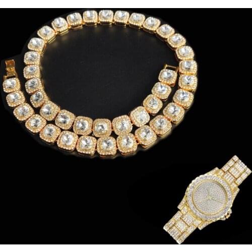 Hip Hop 2pcs Kit Prong 12.5MM Micro Pave Cubic Zircon Alloy Bling Tennis Chain Necklace +Watch+Bracelet For Men Women Jewelry