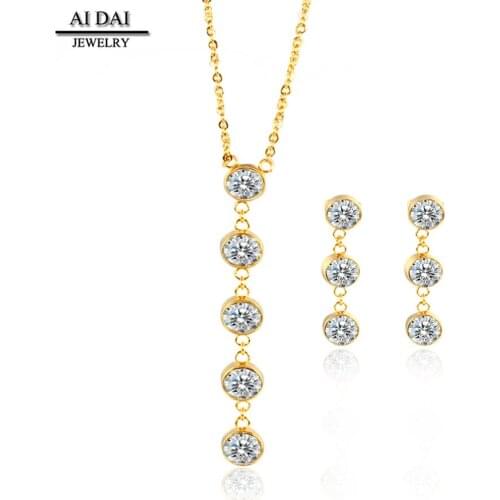 Simple tassel rhinestone titanium steel pendant necklace earrings set elegant temperament gold-plated earrings necklace jewelry