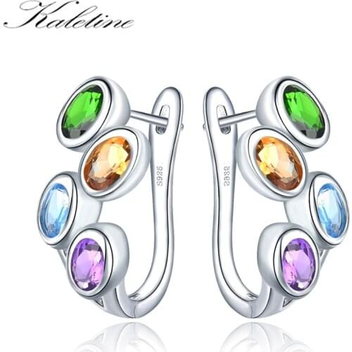KALETINE Hutang Colorful Gemstone Hoop Earrings 925 Sterling Silver Blue Zircon Topaz English Lock Jewelry for Women Earrings