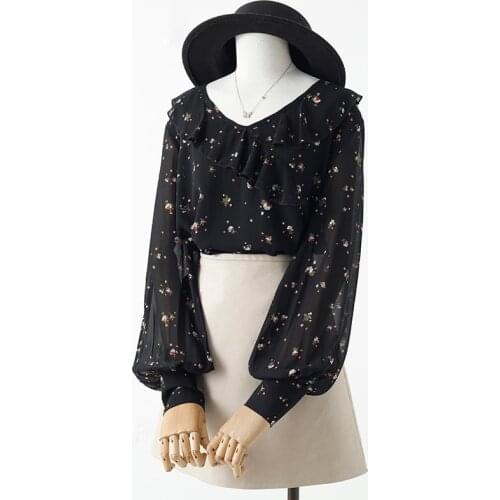 Chiffon Floral Women Blouse Summer New 2021 O-Neck Ruffles Lantern Sleeved Loose Elegant Office Lady Black Pulls Outwear Tops