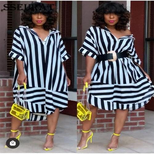 SSEURAT Women Summer Short Sleeved Black and White Striped Blouse Dress Street Wear Loose Dresses Vestidos