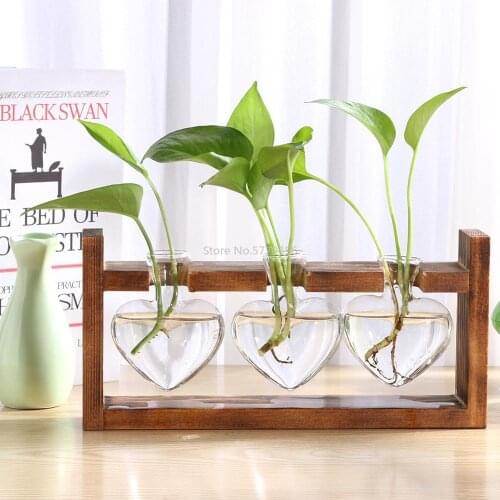 Glass Wood Vase Planter Terrarium Table Desktop Hydroponics Plant Bonsai Flower Pot Hanging Pots with Wooden Tray