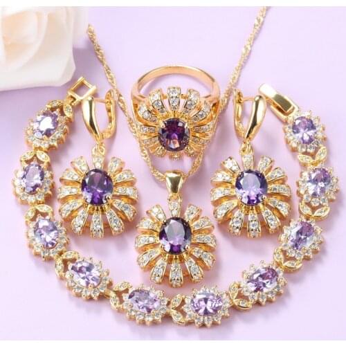 Wedding Necklace And Earrings Big Jewelry Sets Gold-Color Flower Accessories Purple Crystal Bracelet And Ring Women Sets