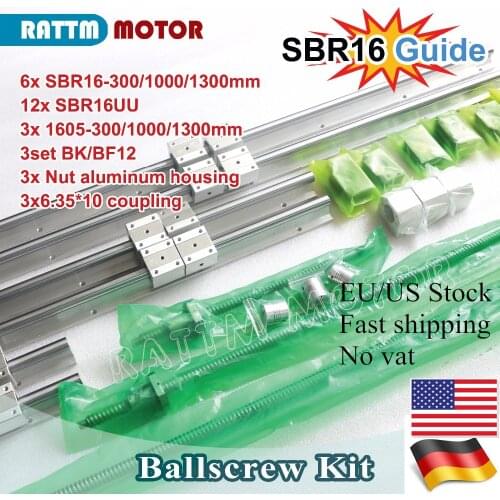 6pcs linear guide way kit SBR16 L:300/1000/1300mm with Ball screw SFU1605-300/1000/1300mm with Nut & BK/B12 & Couplings