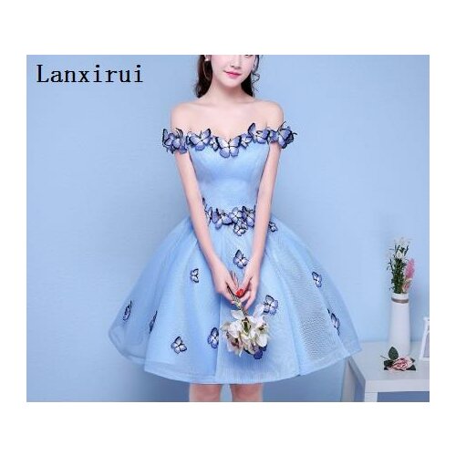 Sexy Off the Shoulder 3D Butterfly Pleated Ball Gown Party Dresses Light Blue Women Formal night Dress Gowns Vestidos
