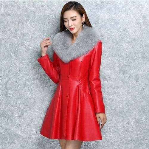 Plus Size Black and Red Long Autumn Winter Women Leather Coat Long Sleeve Pocket Faux Fox fur collar Jacket Female Outerwear