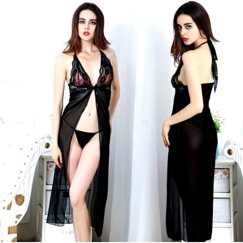 Fantasy sexy Lace dress Lingerie deep neck robe open front Baby Dolls Chemises erotic Underwear for women appeal Stripper Gowns