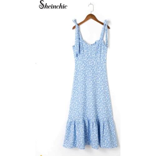 Runway Designers Chiffon Dress Women 2021 Elegant Bow Blue Floral Vestido Midi Summer Clothes