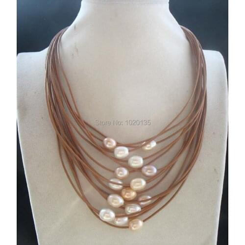 15rows freshwater pearl white pink purple 9-13mm egg & brown line 17-24" necklace nature beads gray line FPPJ