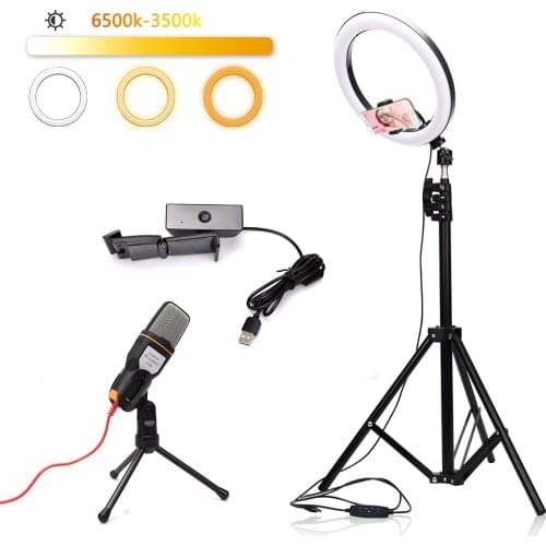 Video Light Dimmable LED 26cm Selfie Ring Light 3.5mm Jack Condenser Microphone Mini Computer HD 1080P Webcam for Live Broadcast